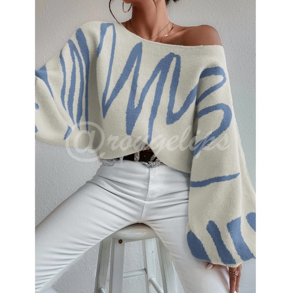 Knit Graphic Pullover Sweater Dirty Off White with Blue Bishop Sleeve Stretchy - Picture 1 of 11